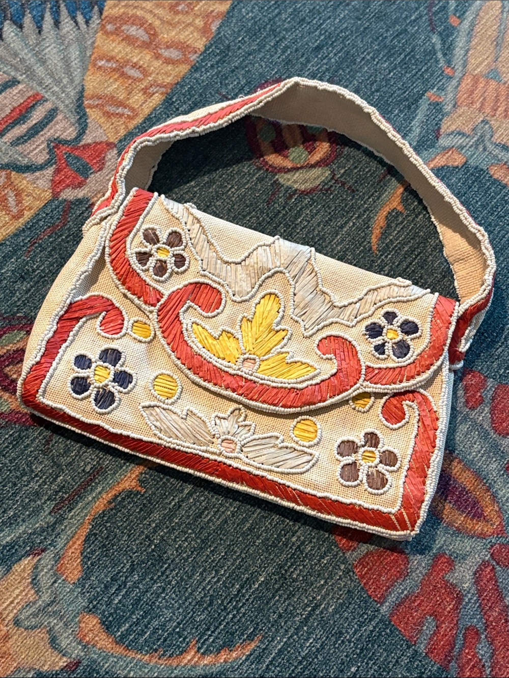 Vintage Japan Hand beaded Floral handbag with Red and Yellow Accents